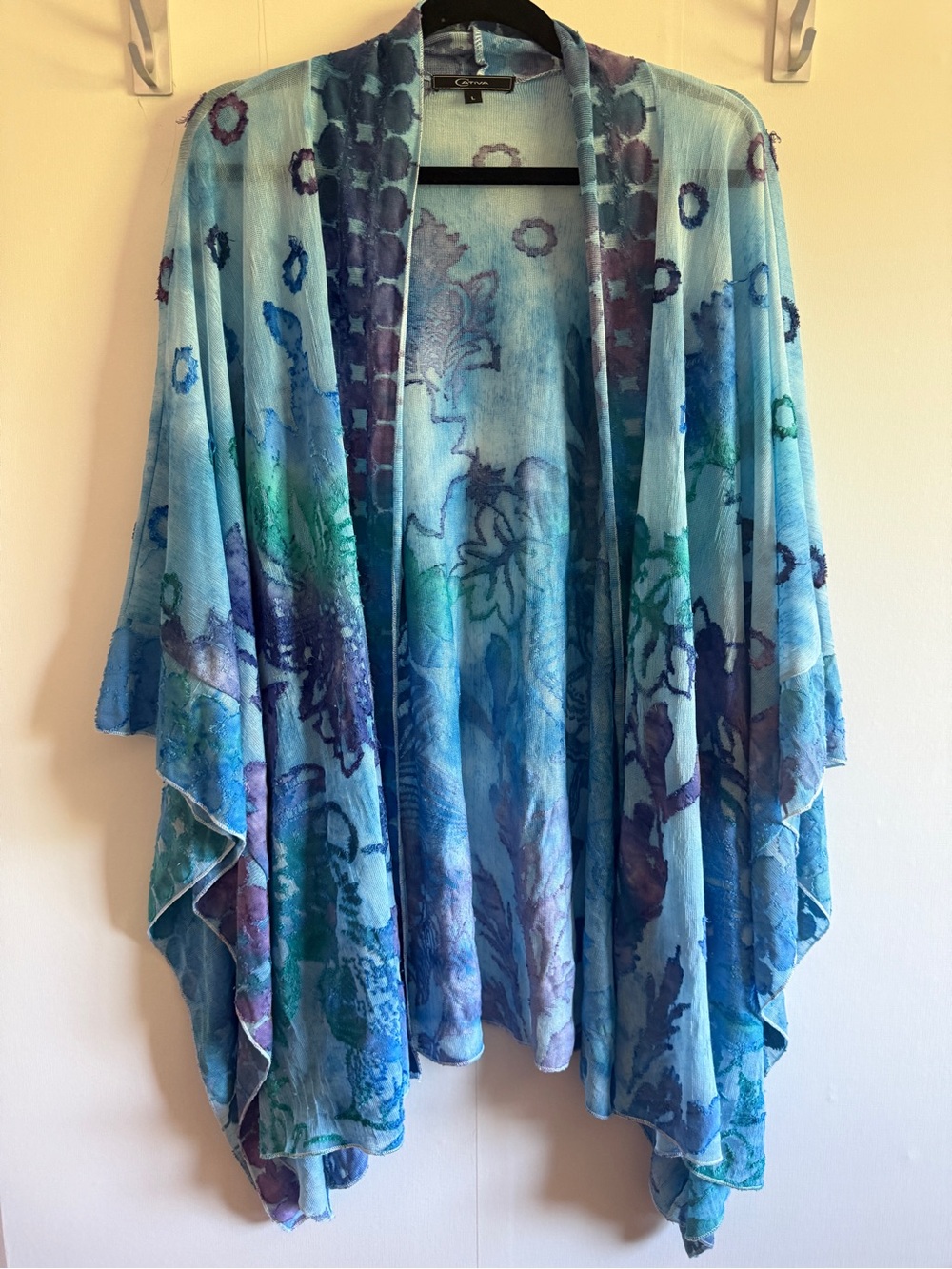 Cativa Blue Floral Kimono Cardigan Large Open Front Sheer Boho Cover Up